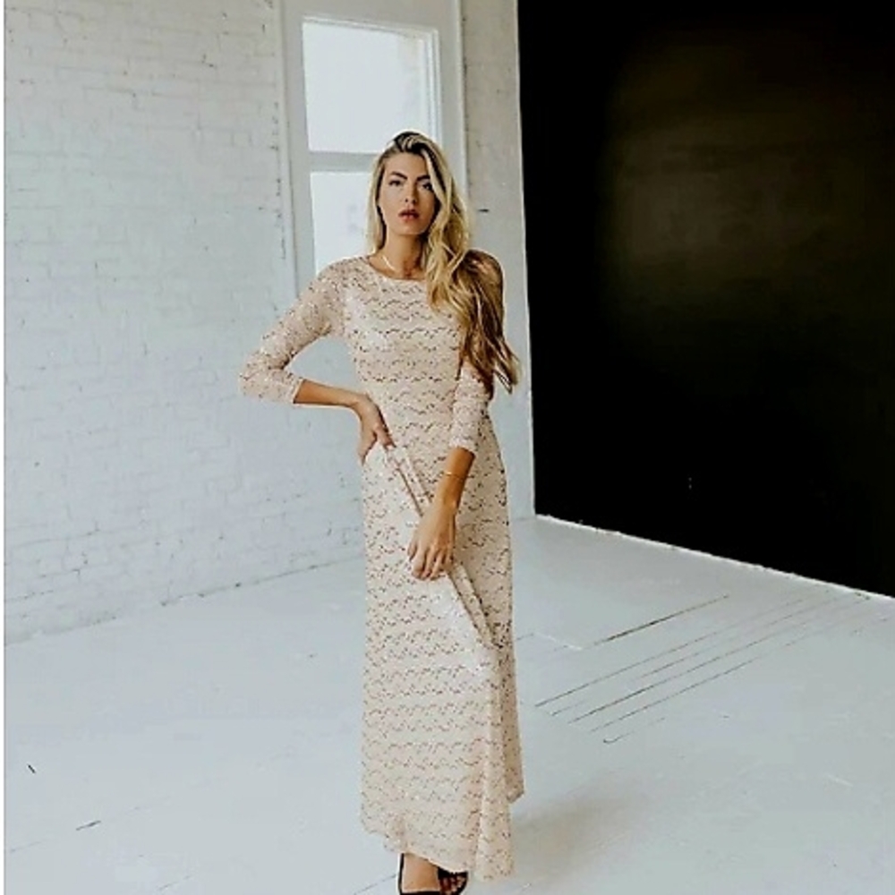 SALT Boutique Old Hollywood Dress - Glamorous Gold Cream Sequin Maxi Gown - NWT